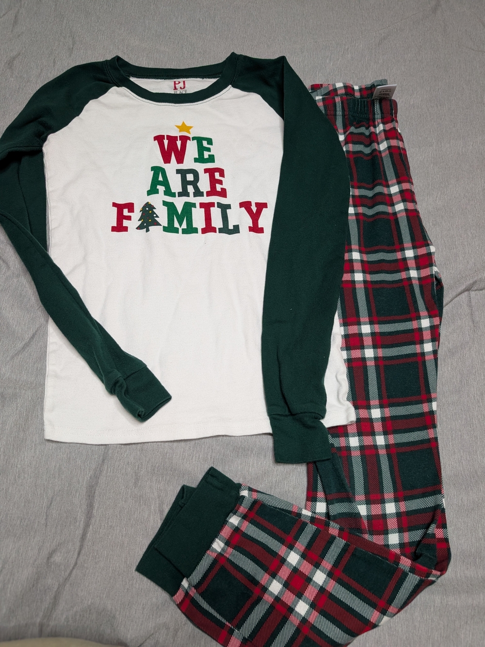 Childrens Place Kids 'We Are Family' Pajama Set - Green, White, Red PJ's Size 14